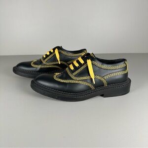 Black Leather Women's Lace-Up Shoes with Yellow Stitching